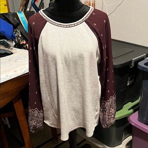Maurices Burgundy and Cream Long Sleeve Top